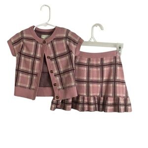 Happily Grey Kids Pink Burgundy and Cream Plaid Cardigan and Skirt Set